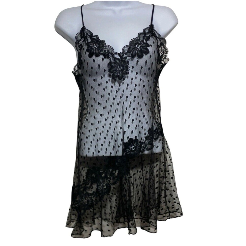 Vintage Victoria Secret Slip Dress Lace Sheer Mesh Black Babydoll Whimsigoth